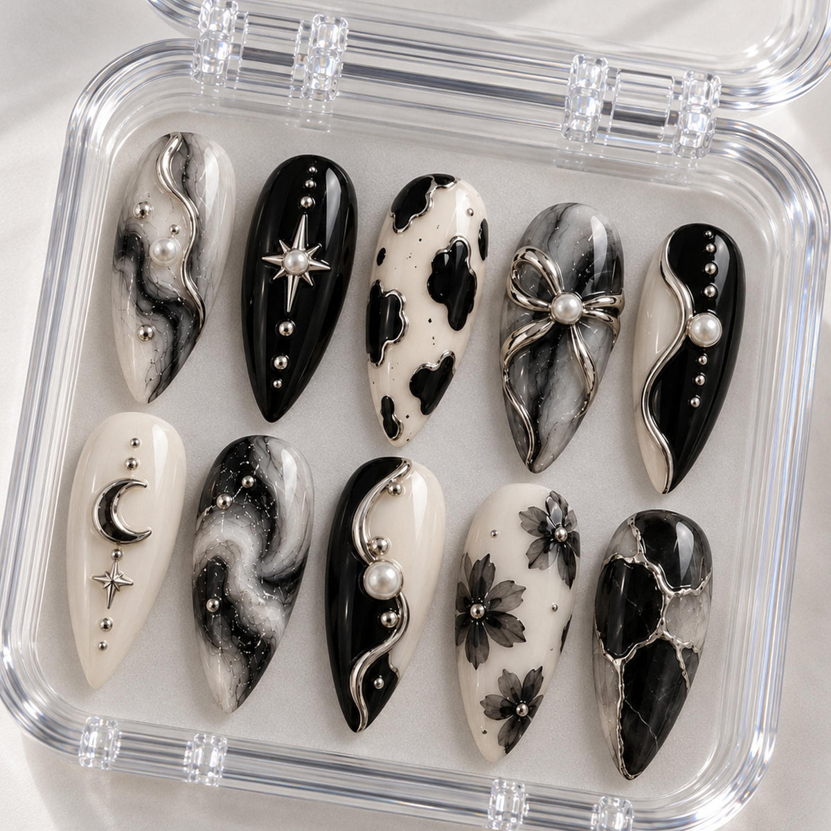 Black, Ivory & Gray Marble Cow Print Nails With Chrome Bows and Pearls