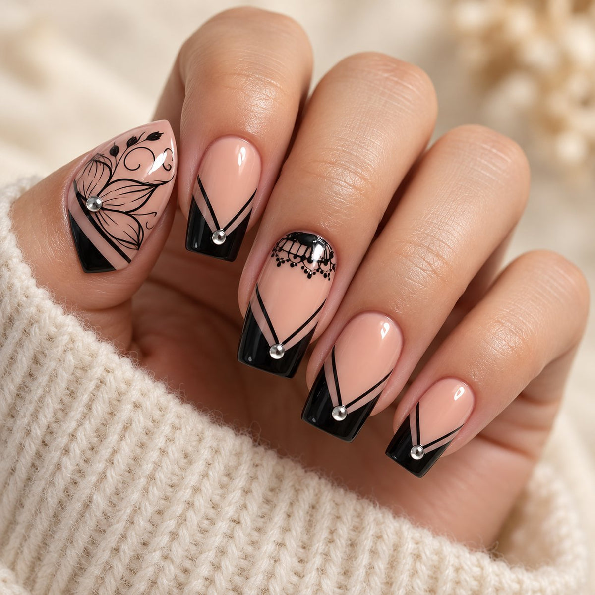 Black Lace Floral French Tip Press On Nails With Silver Rhinestones worn on hand