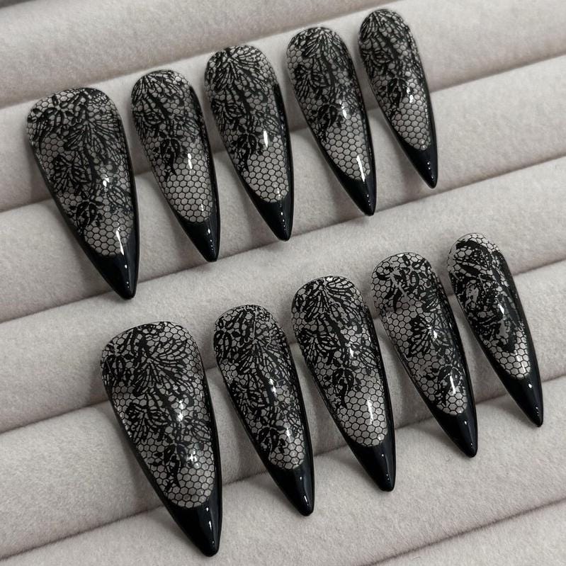 Black Lace Floral French Tip Wedding Nail Set
