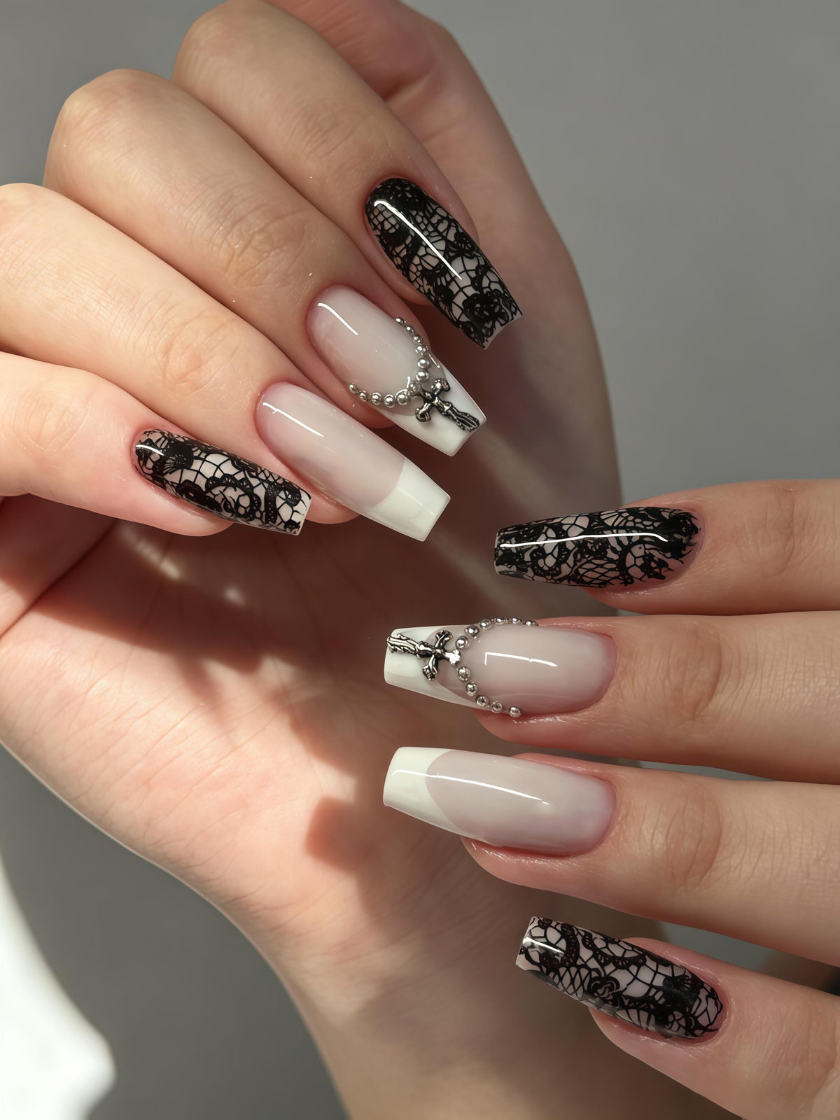 Black Lace French Tip Press-On Nails with Silver Cross Charms for Alternative Weddings