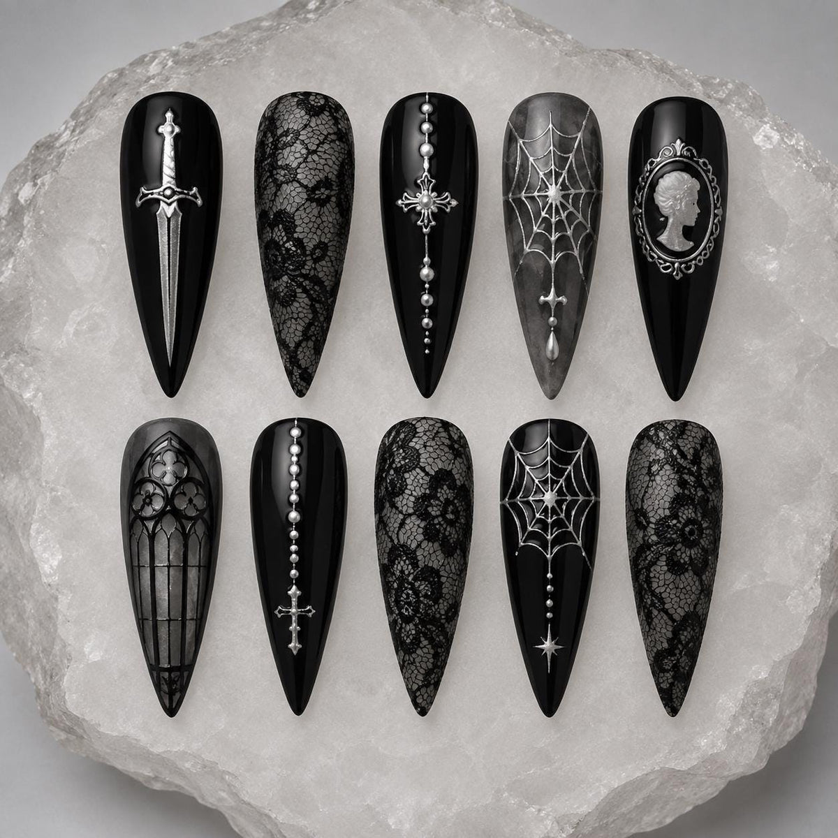 Black Lace Gothic Halloween Press On Nails With Silver Swords, Spiderwebs & Cameo Details