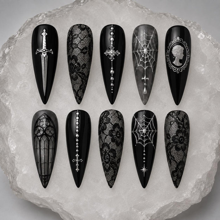 Black Lace Gothic Halloween Press On Nails With Silver Swords, Spiderwebs & Cameo Details