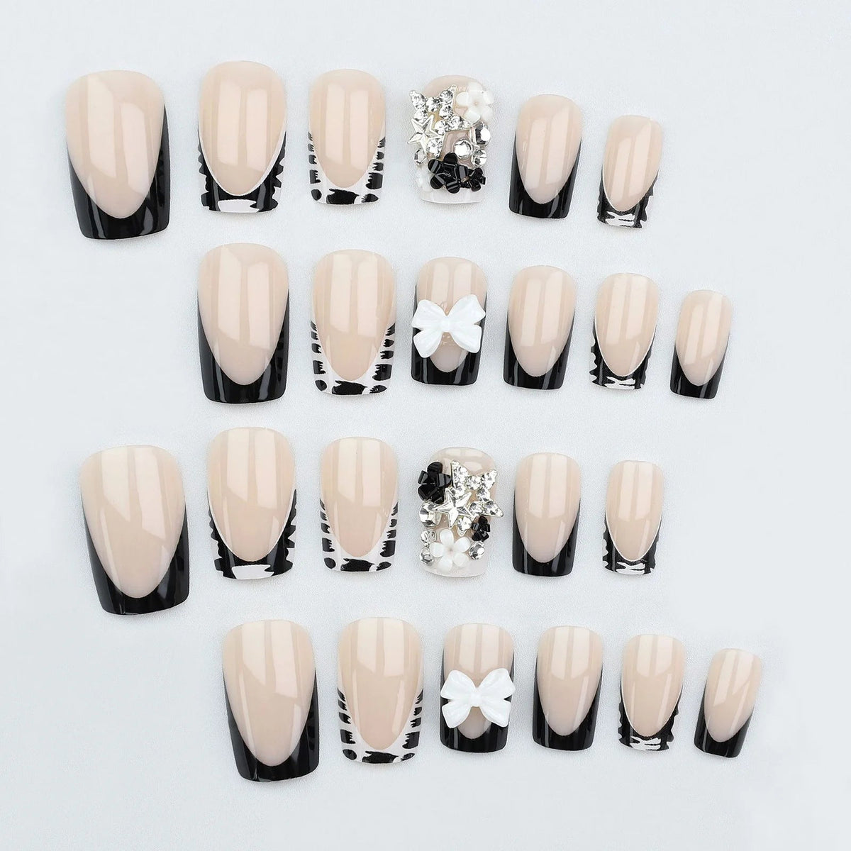 Black Leopard French Tip Nails with 3D Bows, Silver Rhinestones and Star Charms
