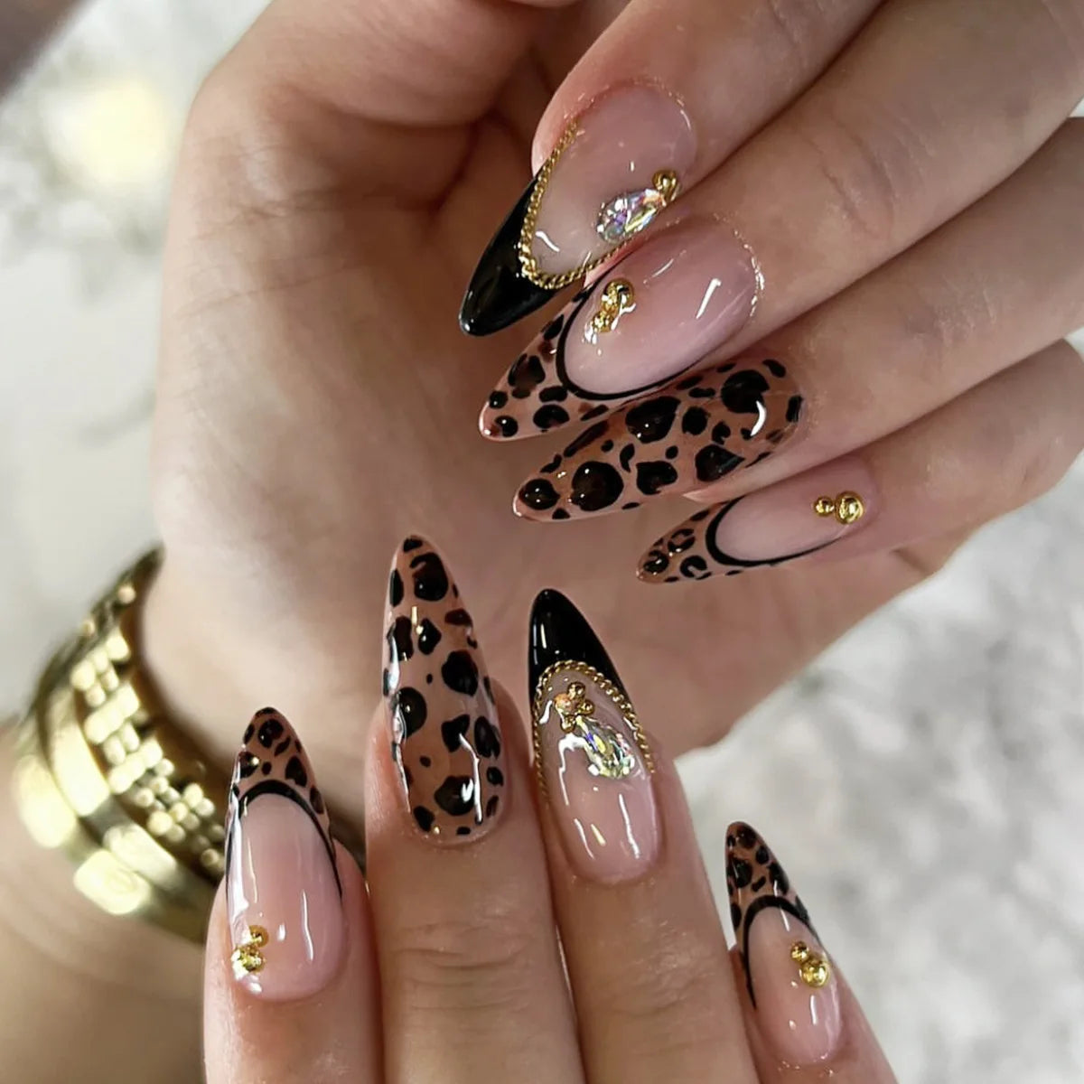 Black Leopard French Tip Press-On Nails with Gold Details