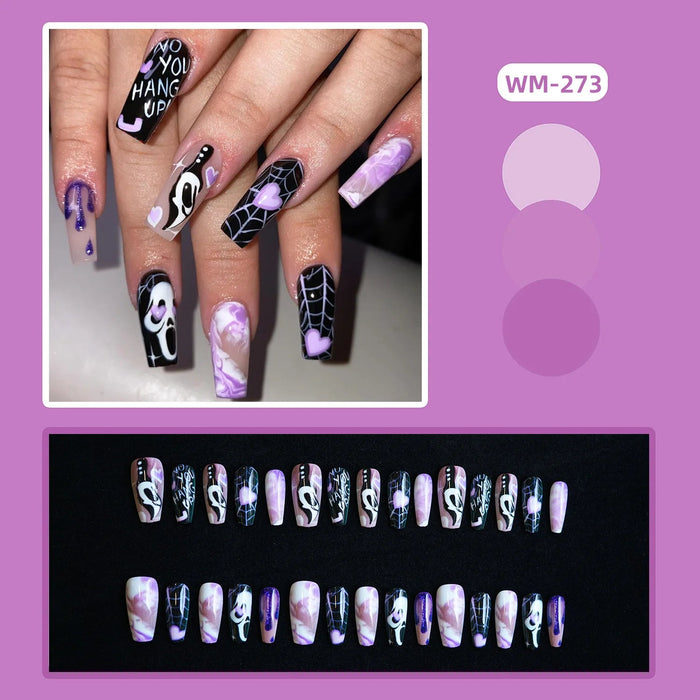 Black, Lilac and White Ghost & Spiderweb Halloween Press On Nail Set