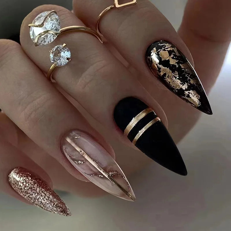 Black, Nude and Gold Foil Nail Set