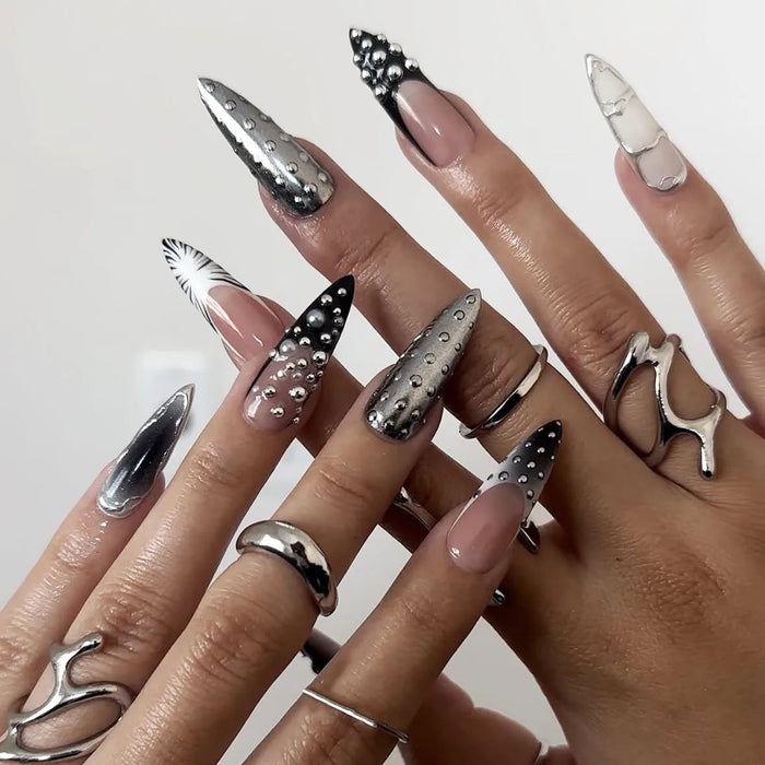 Black, Nude Pink and Silver Chrome Stiletto Press On Nails with Dots and Raised Studs