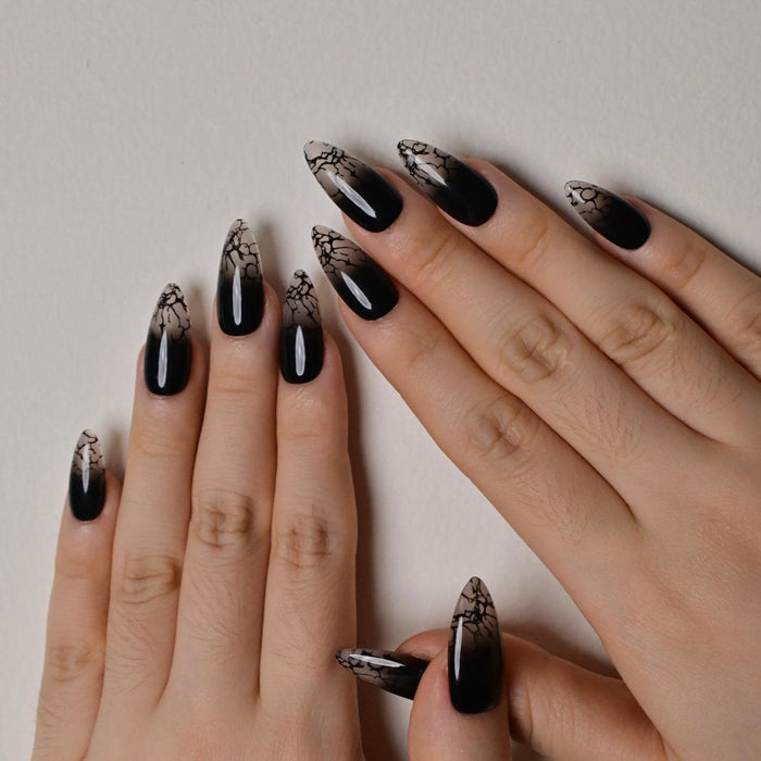 Black Ombre Press On Nails With Web-Like Crackle French Tips