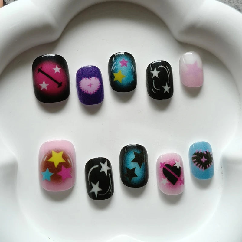 Black, Pink, Purple & Turquoise Star and Heart Press-On Nails