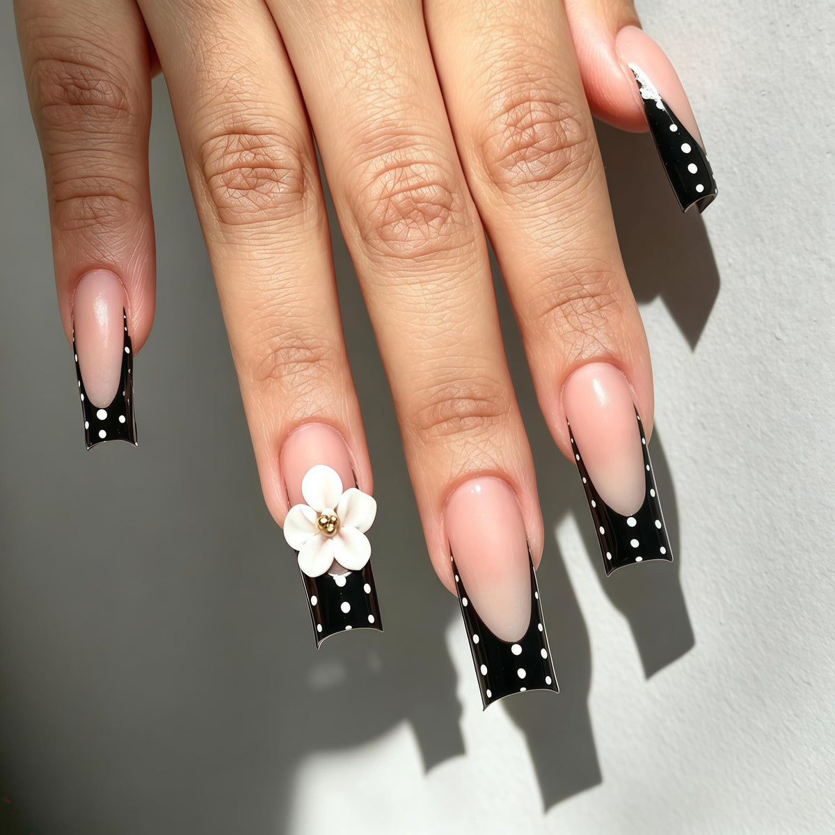 Black Polka Dot French Tip Nails with Raised White Flower for Weddings