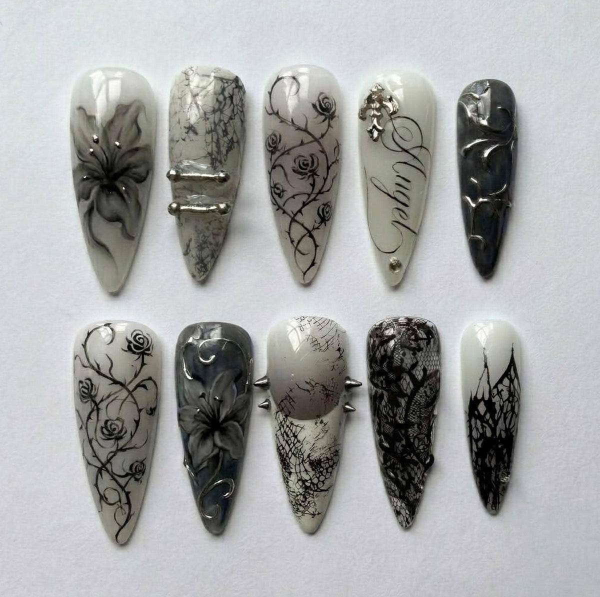 Black Rose and Smoky Marble Gothic Nail Set With Silver Bar Accents