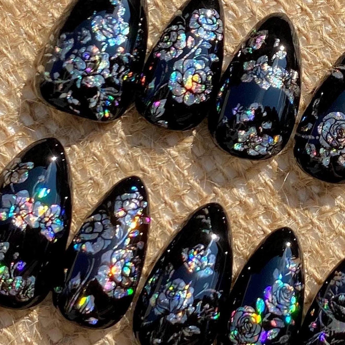 Black Rose Press On Nails With Iridescent Mother-of-Pearl Floral Inlay
