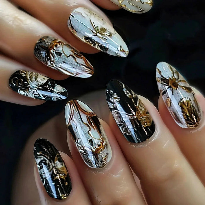 Black, Silver, and Gold Abstract Marble Press On Nails
