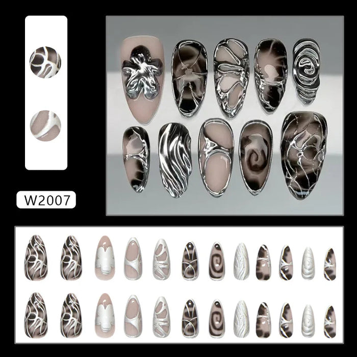 Black, Silver and White Abstract Marble Press On Nails With Metallic Flower Accent