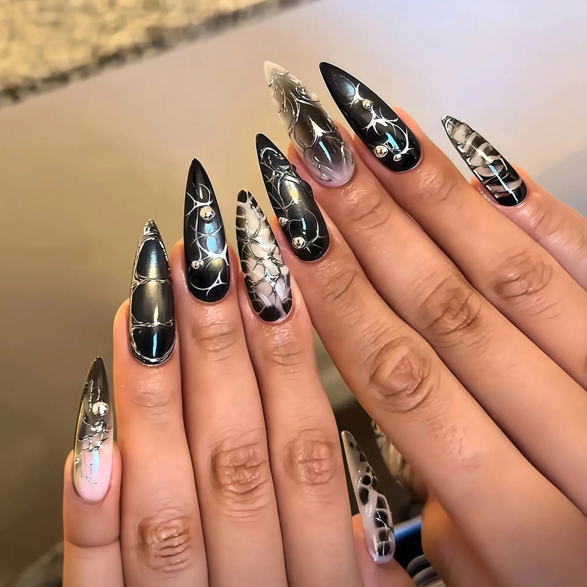 Black Silver Marble and Celestial Web Nail Set