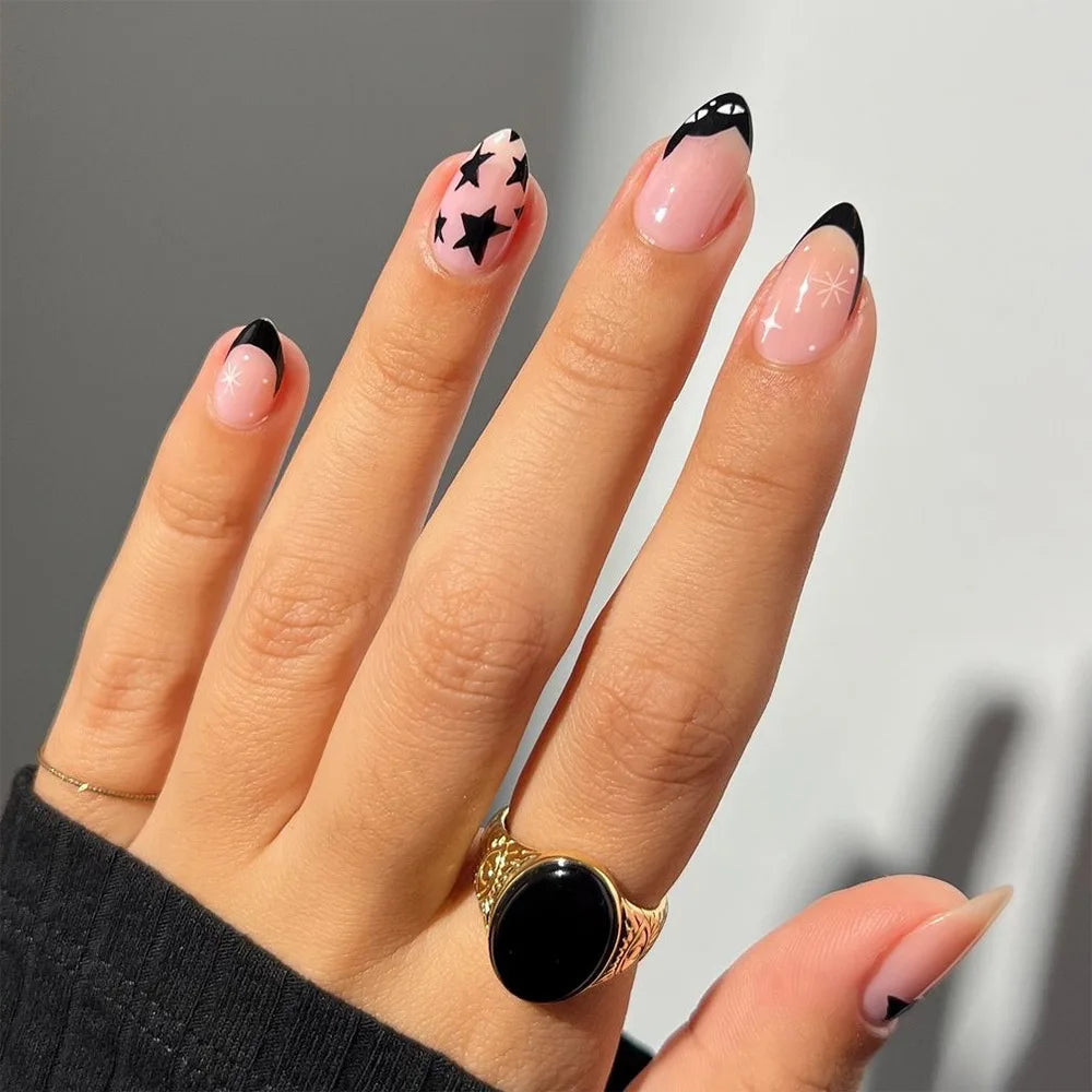 Black Star French Tip Nail Set with Sheer Pink Nude and White Sparkle Accents