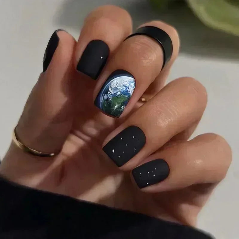 Black Starry Nails with Blue and White Earth Art