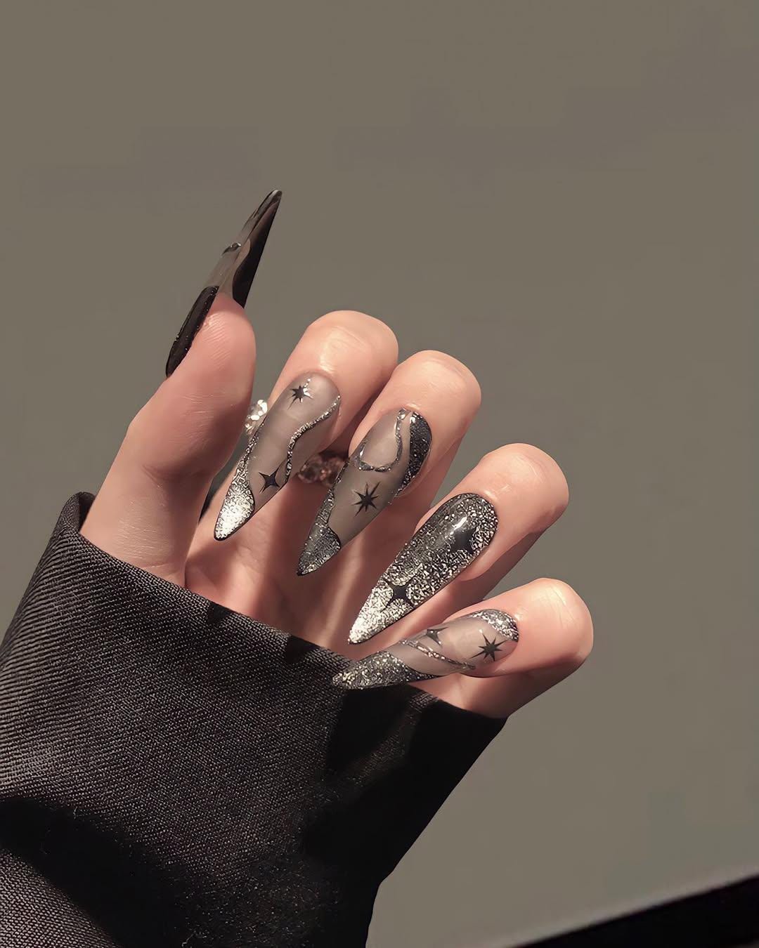 Black And Silver Glitter Star Press On Nails With Celestial Accents