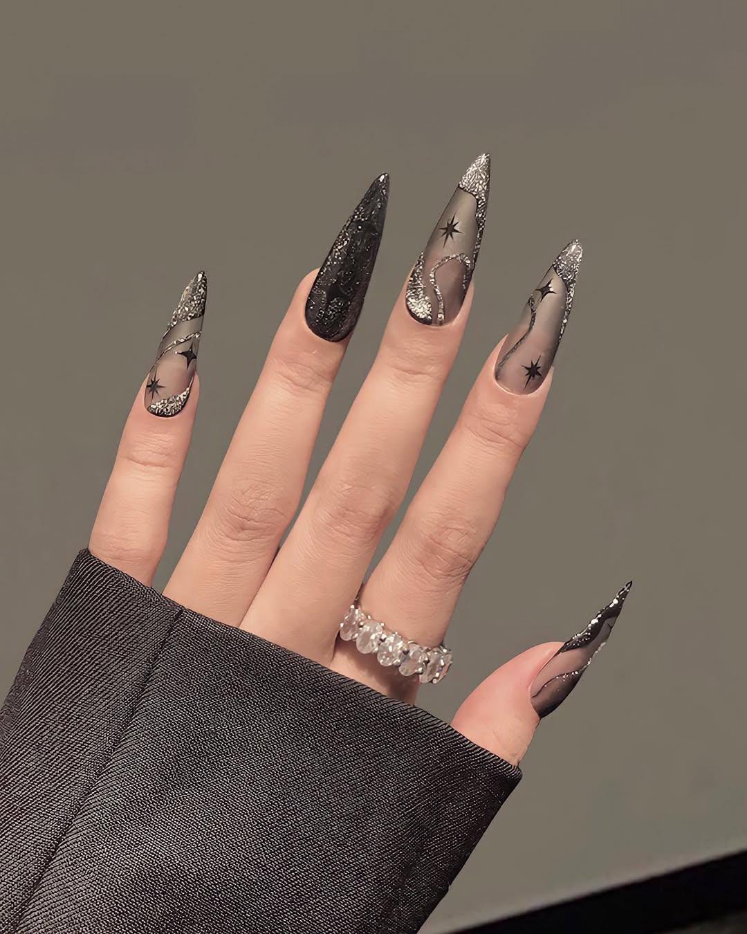 Black And Silver Glitter Star Press On Nails With Celestial Accents
