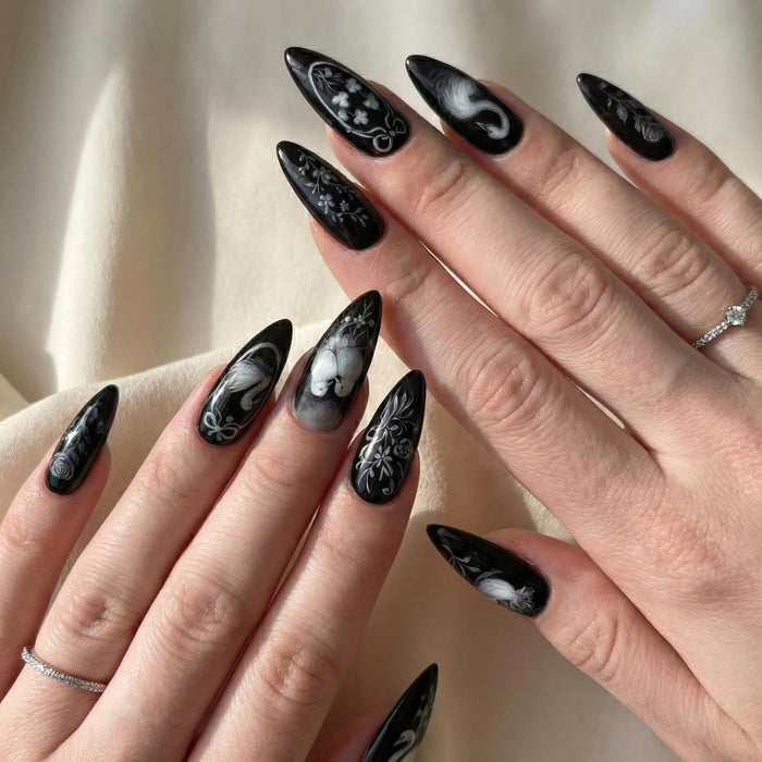 Black Swan and Gray Floral Gothic Press On Nail Set