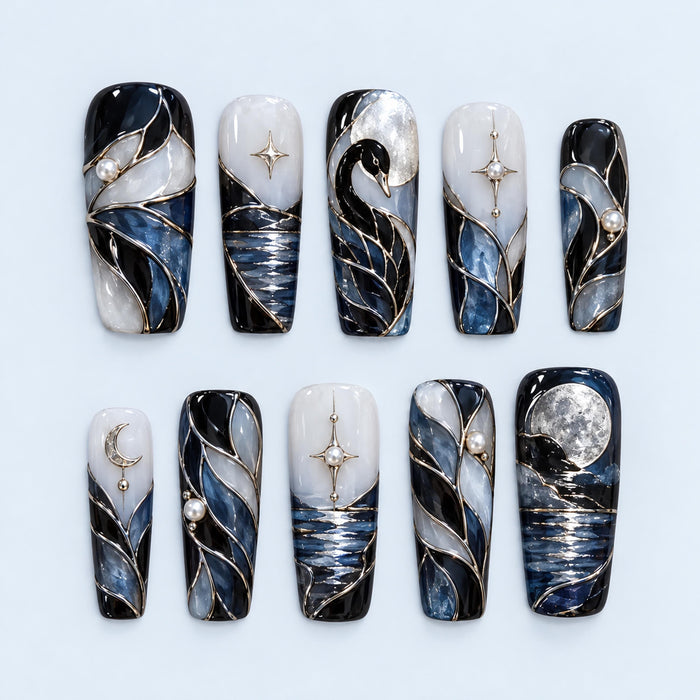 Black Swan and Moon Stained Glass Celestial Press On Nail Set