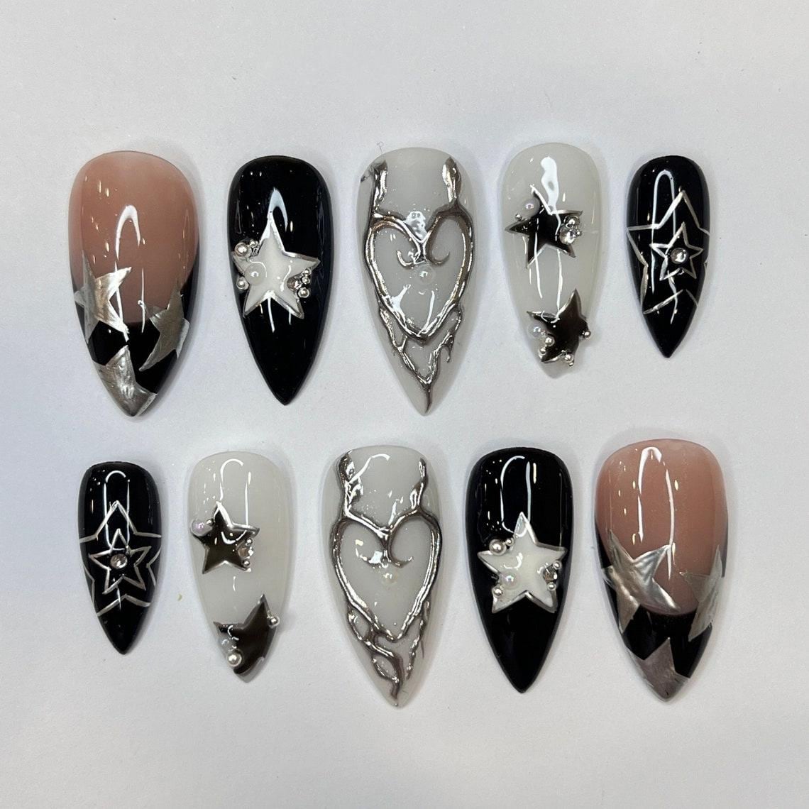 Black, Taupe and Pale Gray Press On Nails with Silver Stars and Heart Details