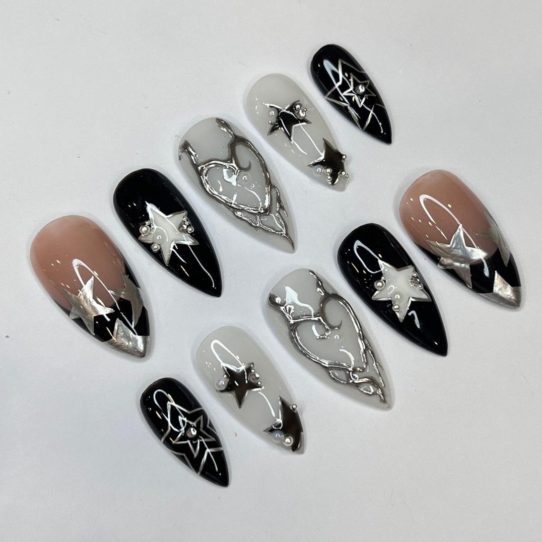 Black, Taupe and Pale Gray Press On Nails with Silver Stars and Heart Details