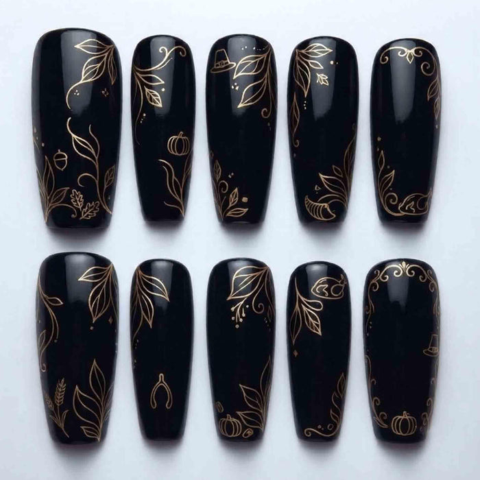 Black Thanksgiving Press On Nails With Gold Harvest Leaves, Pumpkins & Wishbone