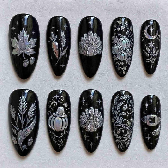 Black Thanksgiving Press-On Nails with Silver Turkeys, Pumpkins, Leaves & Stars