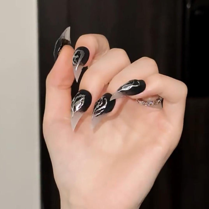 Black-to-Smoky Gray Gradient Press On Nails With 3D Silver Molten Details