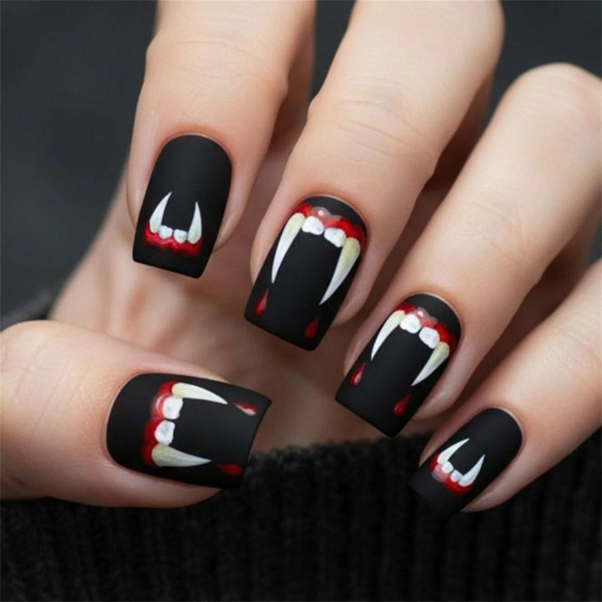 Black Vampire Fang Halloween Nail Set With White Teeth and Red Details