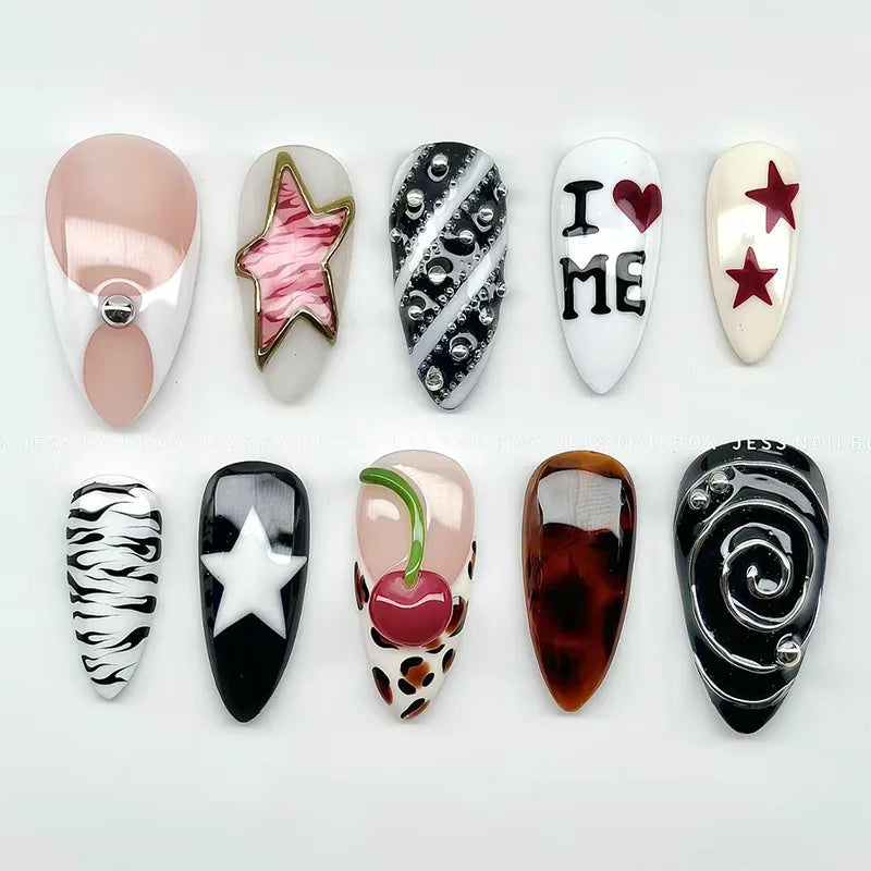Black, White and Pink Doodle Nails with Cherry, Stars and Zebra Stripes
