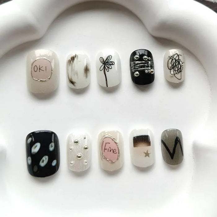 Black, White & Nude Doodle Press On Nail Set with Metallic Studs