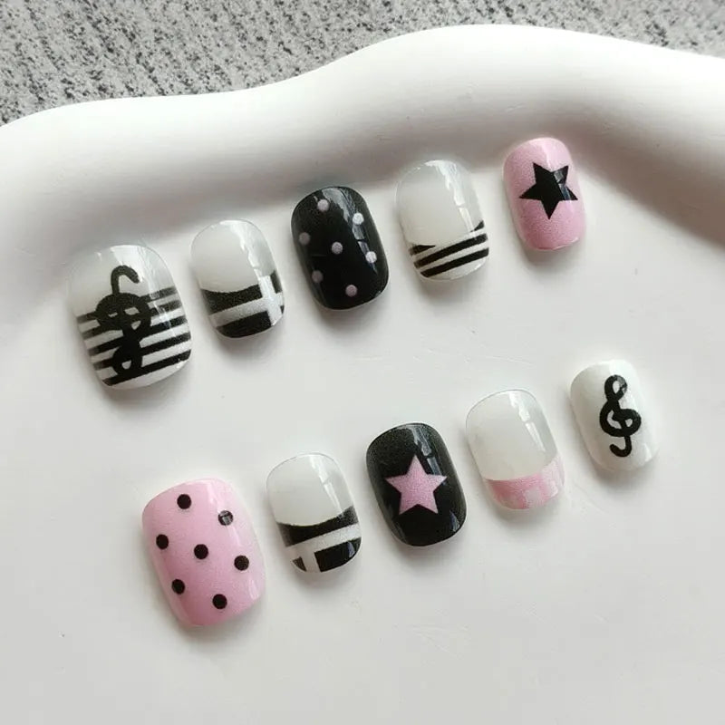 Black, White & Pink Music Note Press-On Nails With Stars and Polka Dots