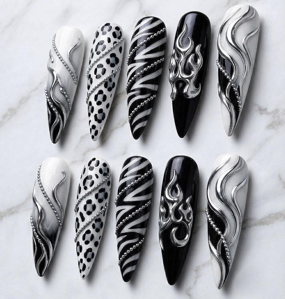 Black, White & Silver Chrome Flame Animal Print Nail Set