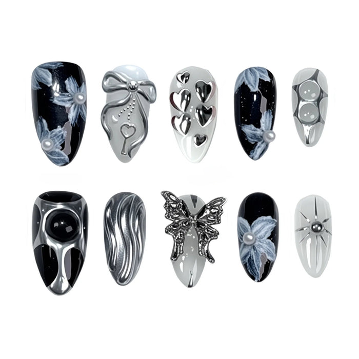 Black, White & Silver Chrome Press On Nails With Bows, Butterflies and Floral Accents