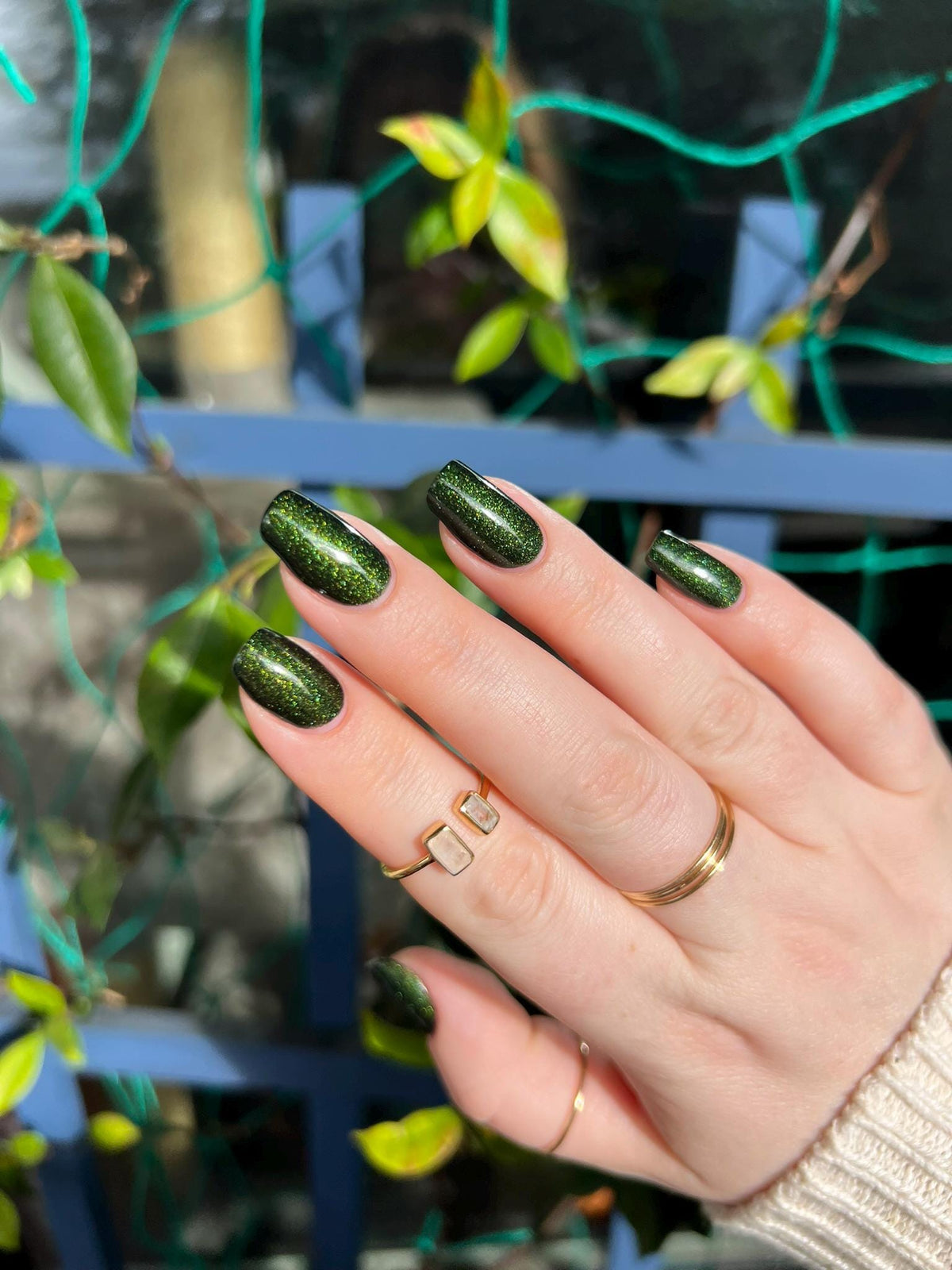 Blackened Green Holo Shimmer Press On Nails for Fall and Winter