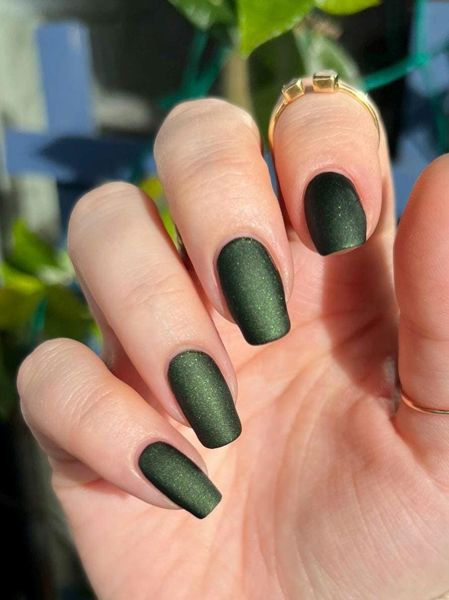 Blackened Green Holo Shimmer Press On Nails for Fall and Winter