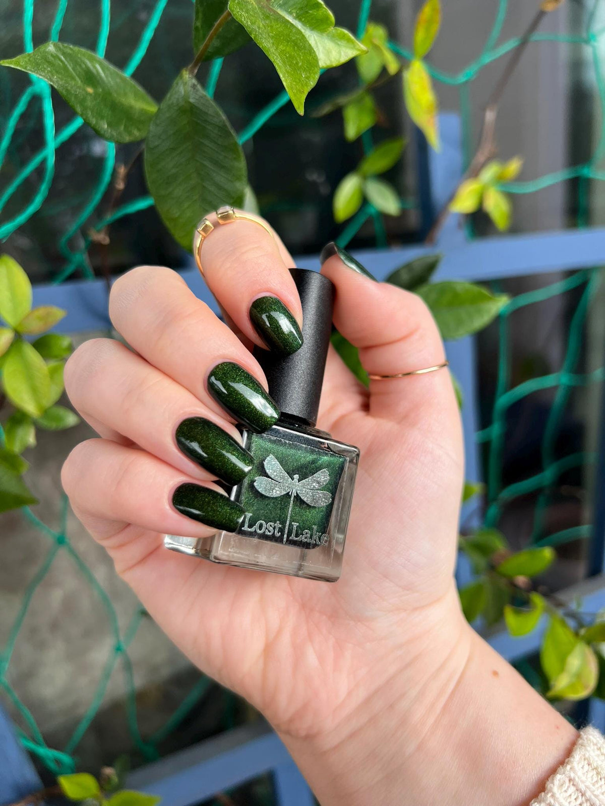 Blackened Green Holo Shimmer Press On Nails for Fall and Winter
