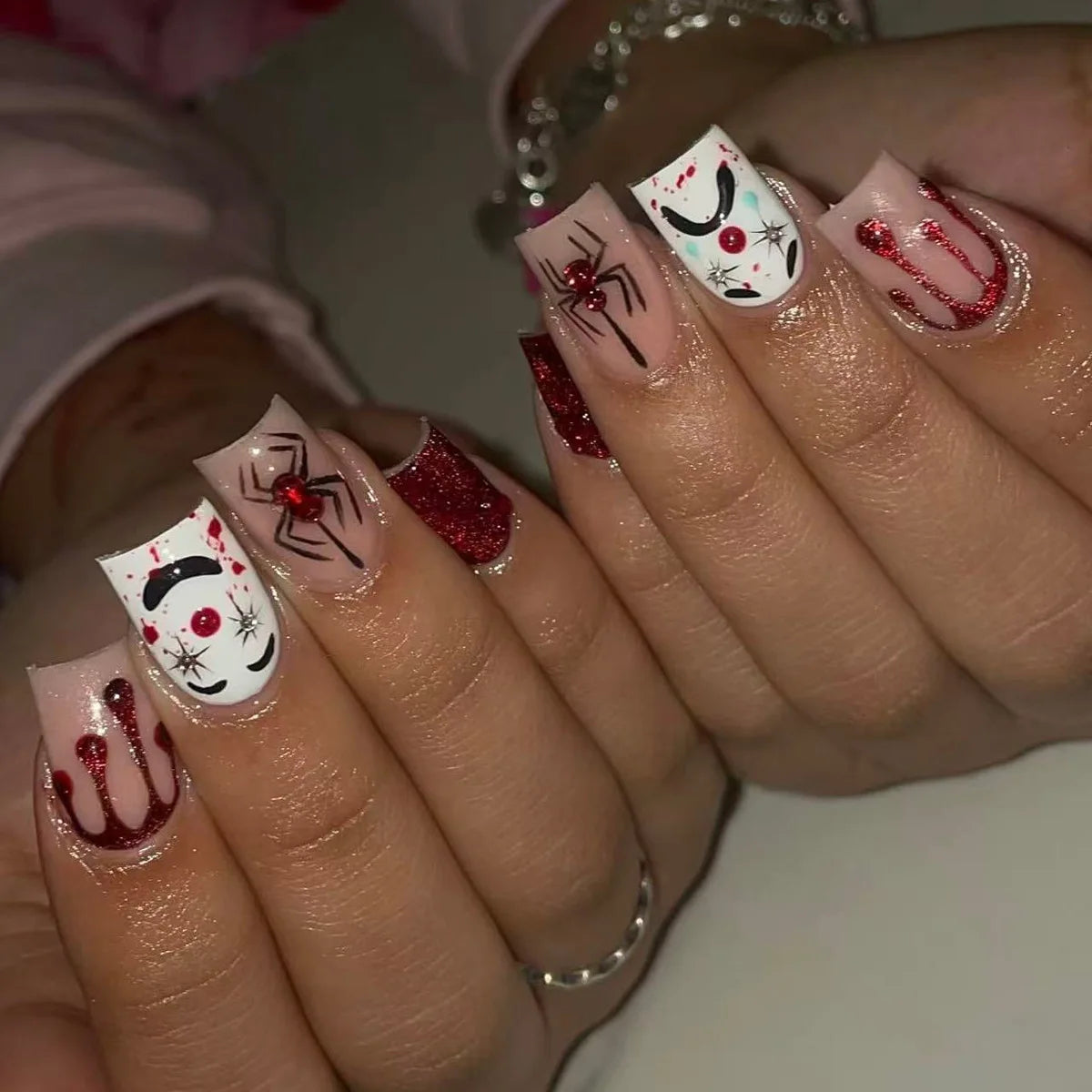 Blood Red Cat Eye Halloween Press On Nails With Spiders, Webs and Clown Faces
