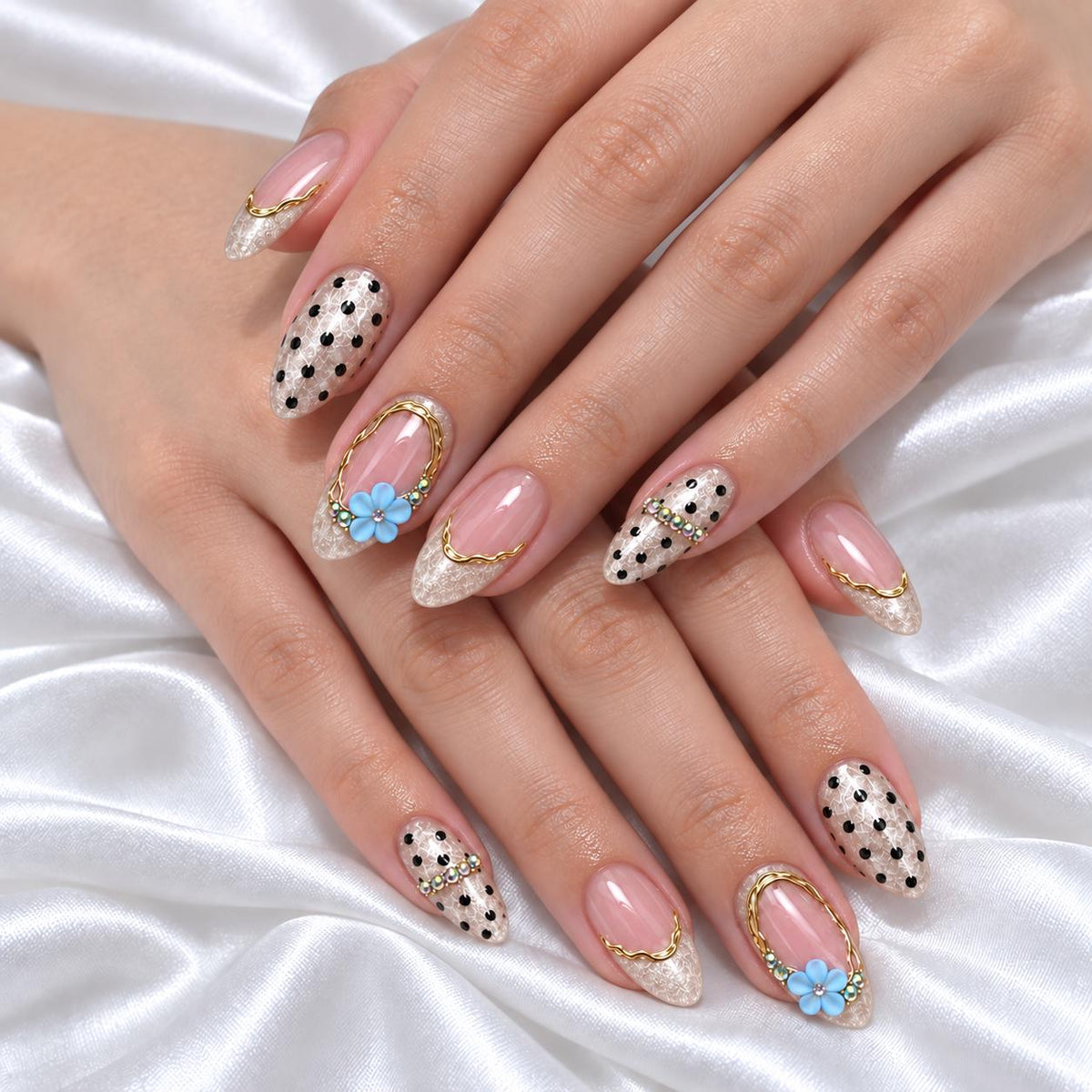 Blue 3D Floral French Tip Nails With Gold Outlines and Polka Dots