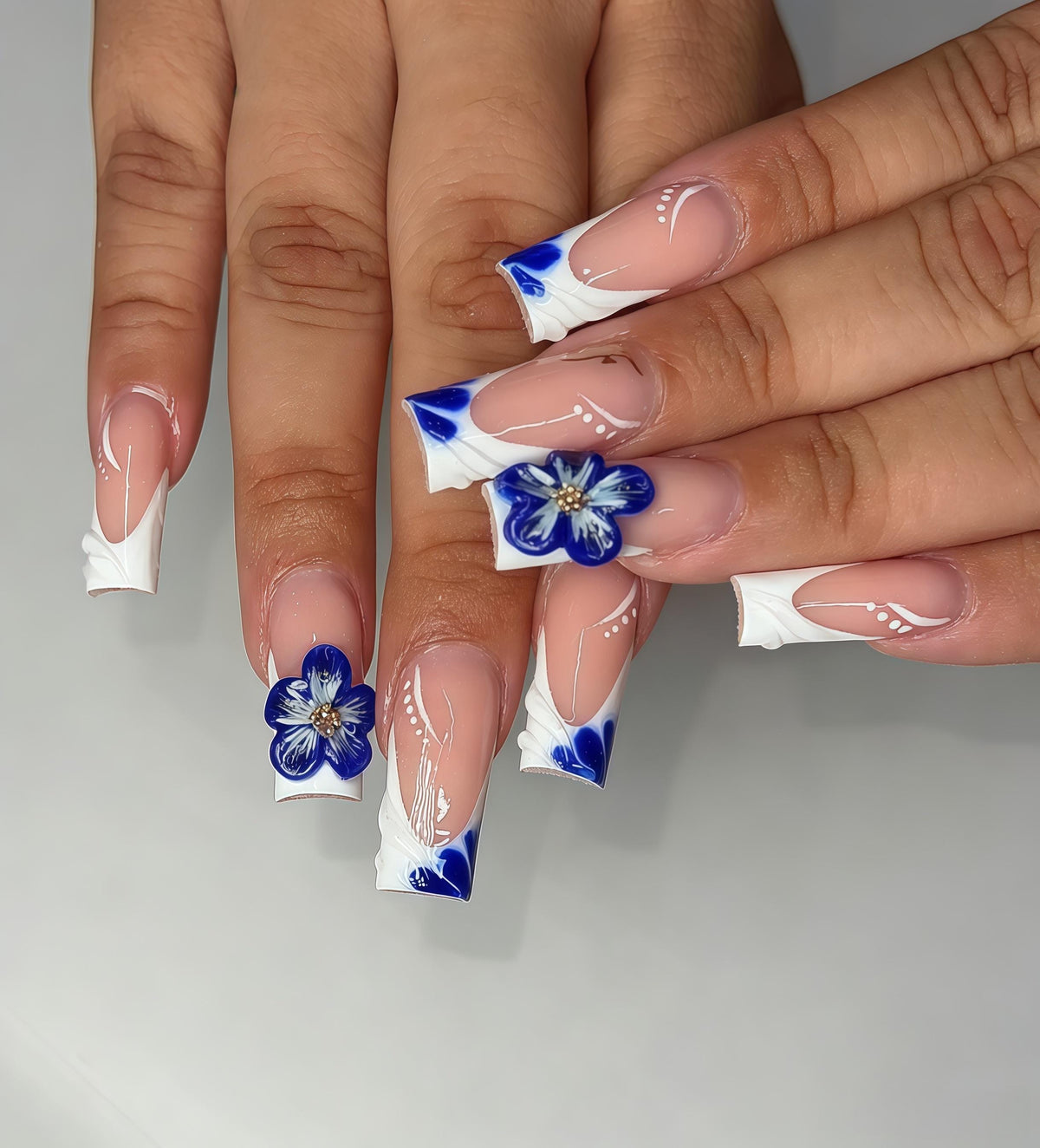 Blue 3D Flower French Tip Press-On Nail Set