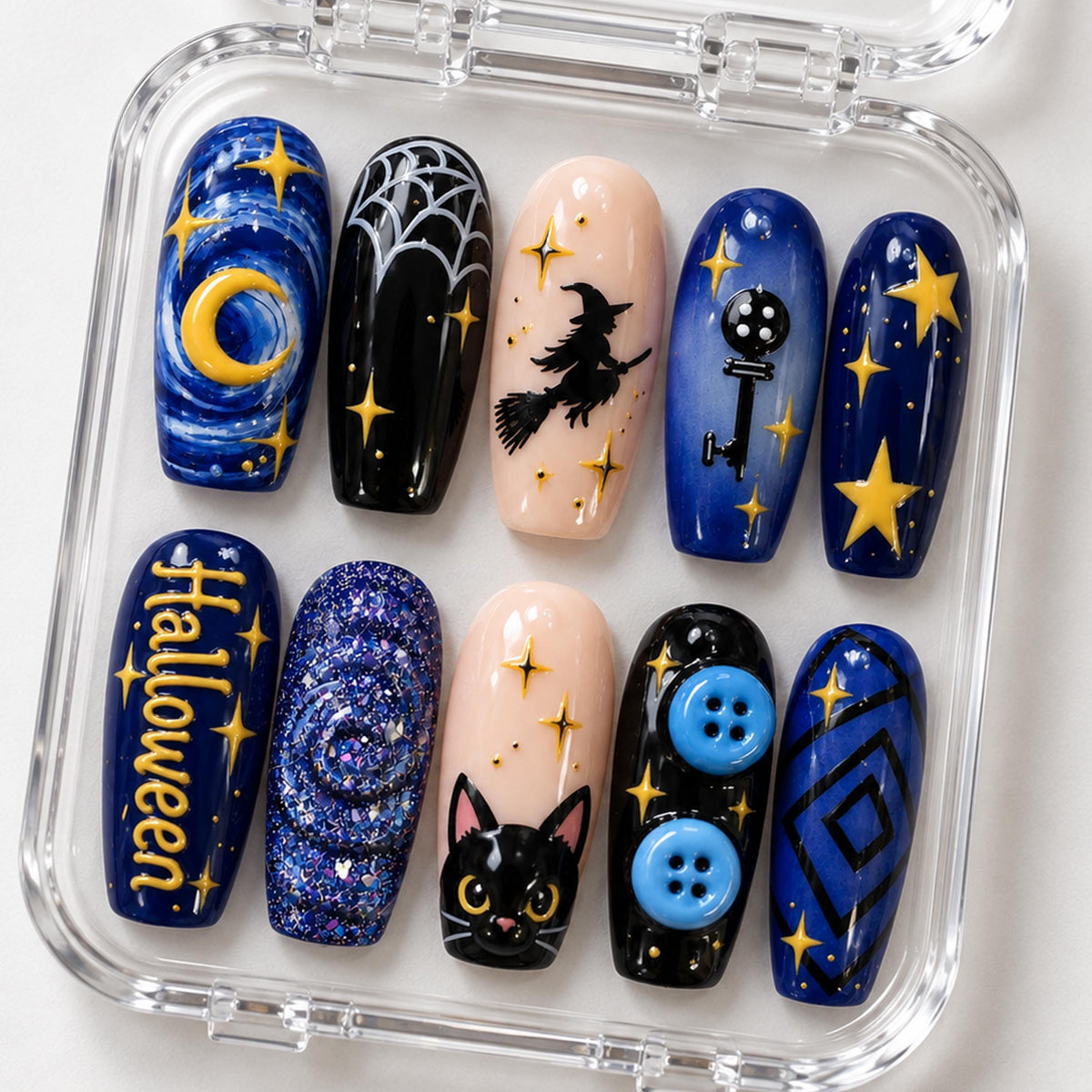 Blue and Black Halloween Nails with Celestial Motifs, Spiderwebs and Raised Button Details