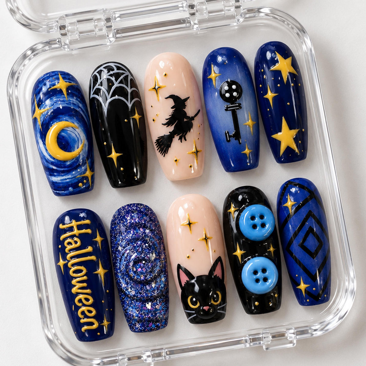 Blue and Black Halloween Nails with Celestial Motifs, Spiderwebs and Raised Button Details