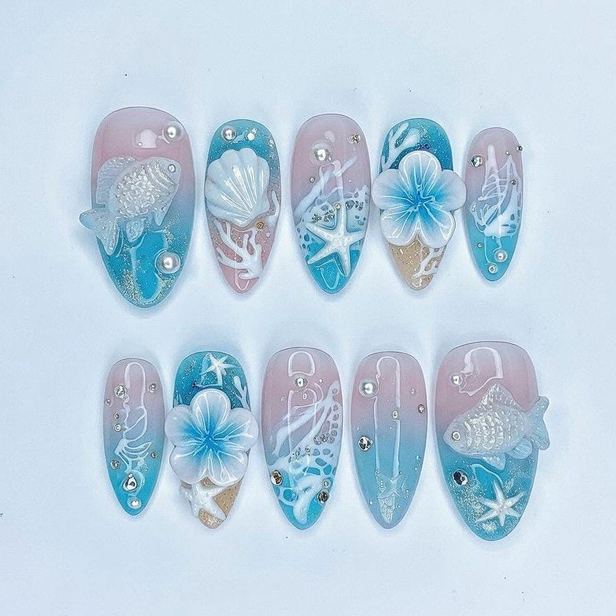 Blue and Blush Ocean Nails with 3D Shells, Starfish, and Flowers