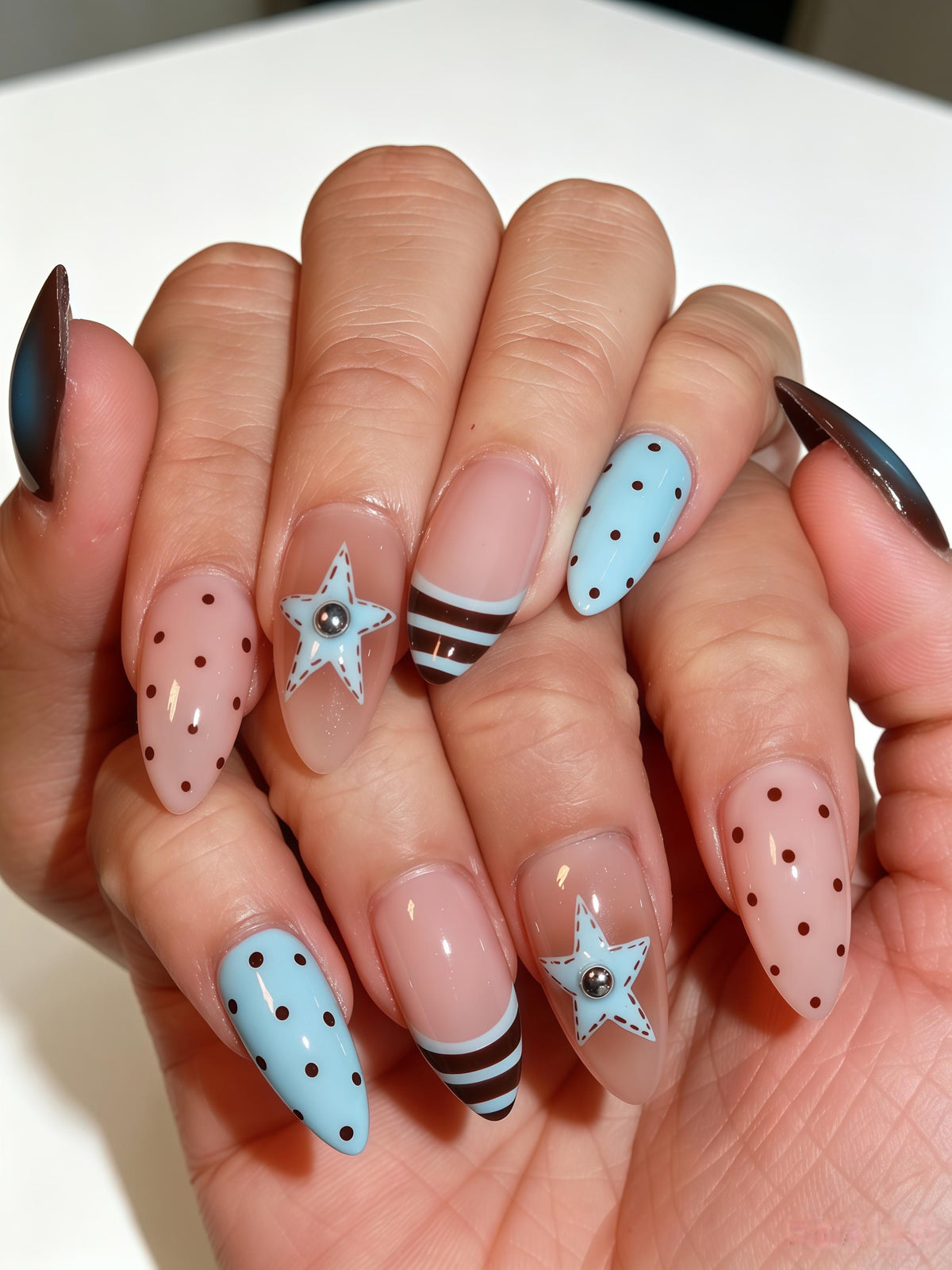 Blue and Blush Polka Dot Nails with Striped Tips and 3D Stars