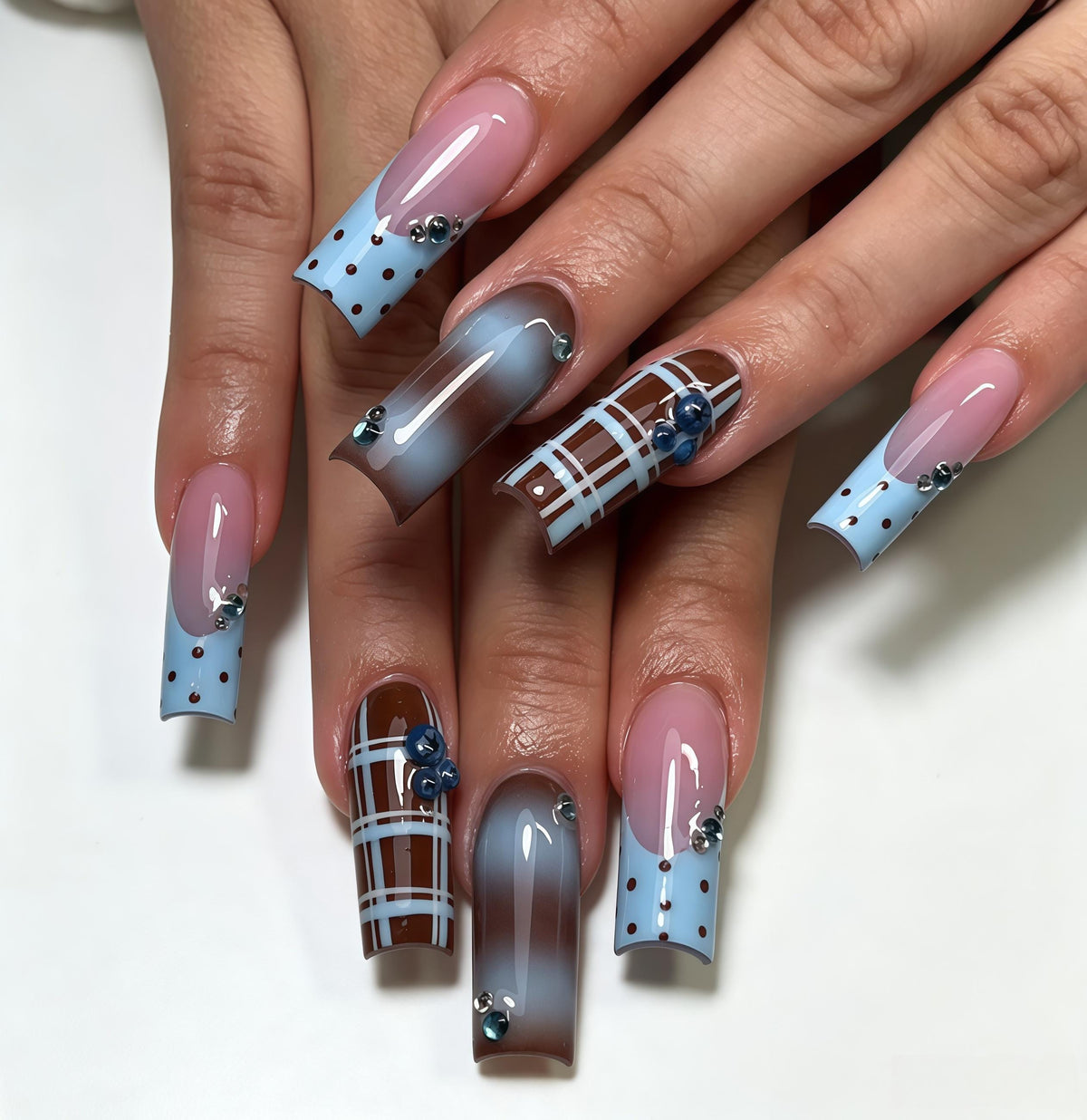 Blue and Brown Plaid Press-On Nails with Dotted Tips and Floral Embellishments