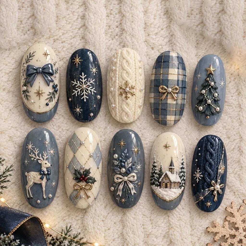 Blue and Cream Christmas Nails With Plaid, Cable Knit, Snowflakes and Reindeer