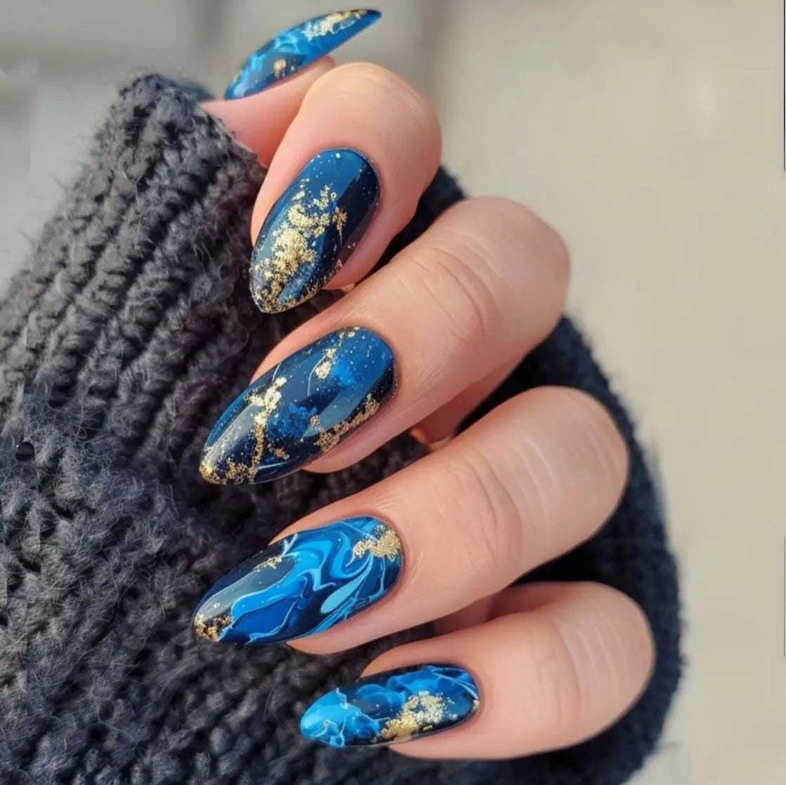 Blue and Gold Galaxy Marble Press On Nail Set