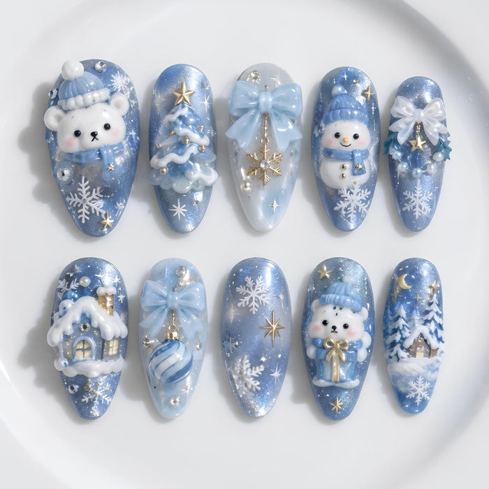 Blue and Icy White Christmas Press On Nails with Polar Bears, Snowmen, Snowflakes and Cottage Art